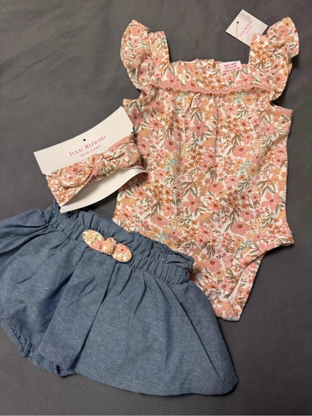 Isaac Mizrahi Pink Floral Bodysuit with Blue Skirt & Headband-0016